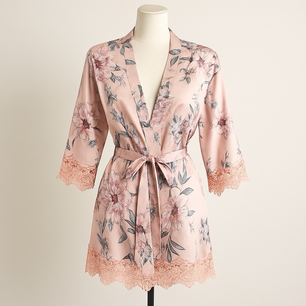 LeRose‎ Floral Satin Lace Trim Bridal Robe Pink Peony Kimono M/L Bridesmaid READ